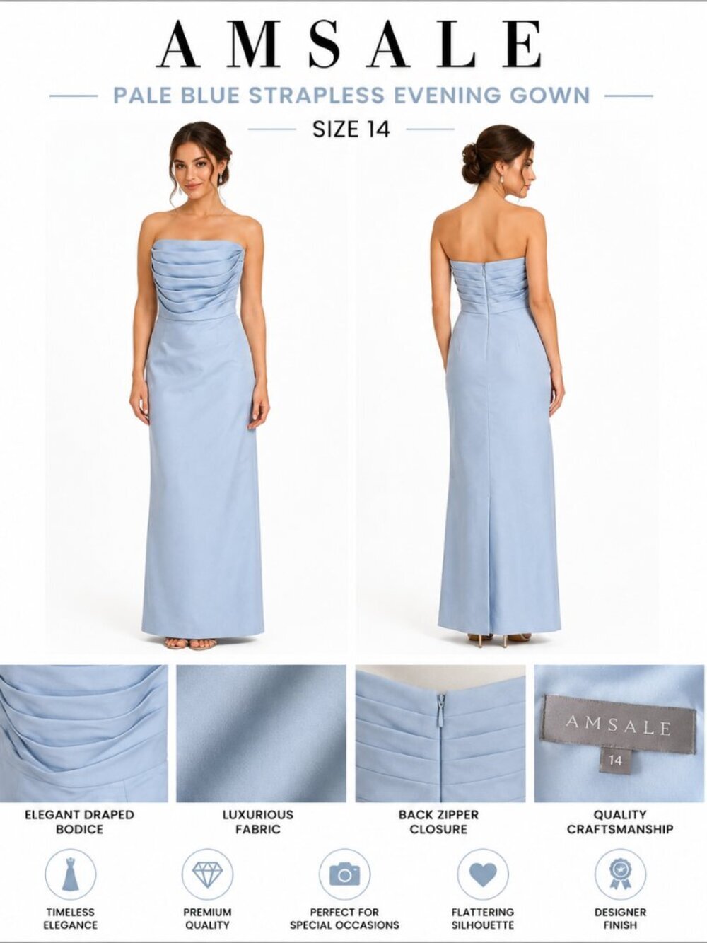 AMSALE PALE BLUE STRAPLESS EVENING GOWN 14